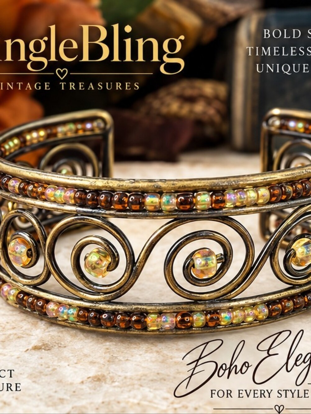 Vintage Style Boho Beaded Scrollwork Cuff Bracelet Antiqued Brass Tone